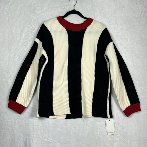 Commense Oversized Black White Red Bold Stripes Color Block Soft Knit Sweater - Picture 5 of 14